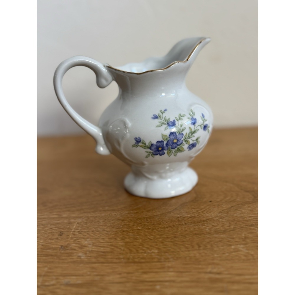 Vintage Bone China Hand Painted Creamer, Blue Flowers Gold Trim